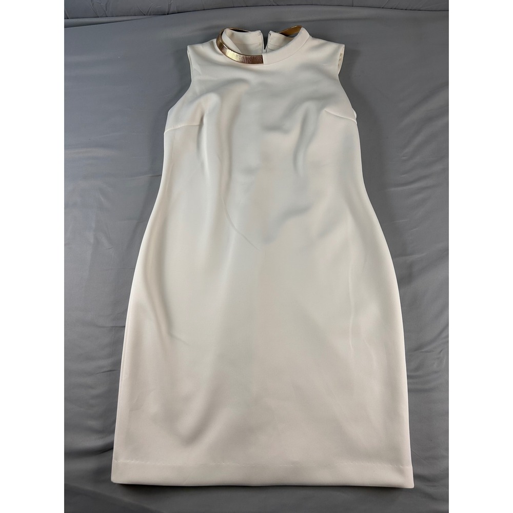 Calvin Klein White Sleeveless Shift Dress Gold Metal Collar Detail Size 14 - Picture 10 of 11